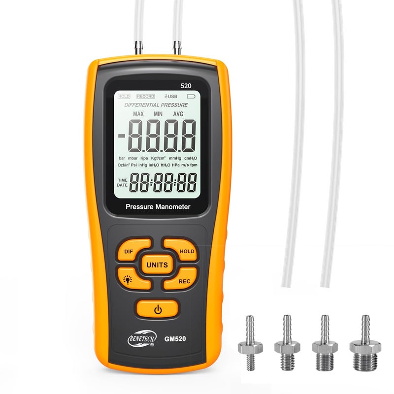 Benetech Digital Manometer Gas Pressure Tester, Professional Air Pressure Meter, Differential Pressure Gauge for HVAC, Gas Valve (GM520) - Image 1